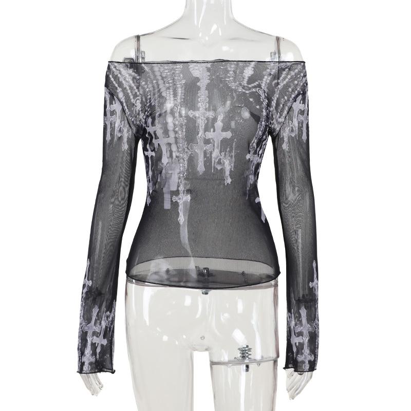 Long sleeve cross print off shoulder sheer mesh top