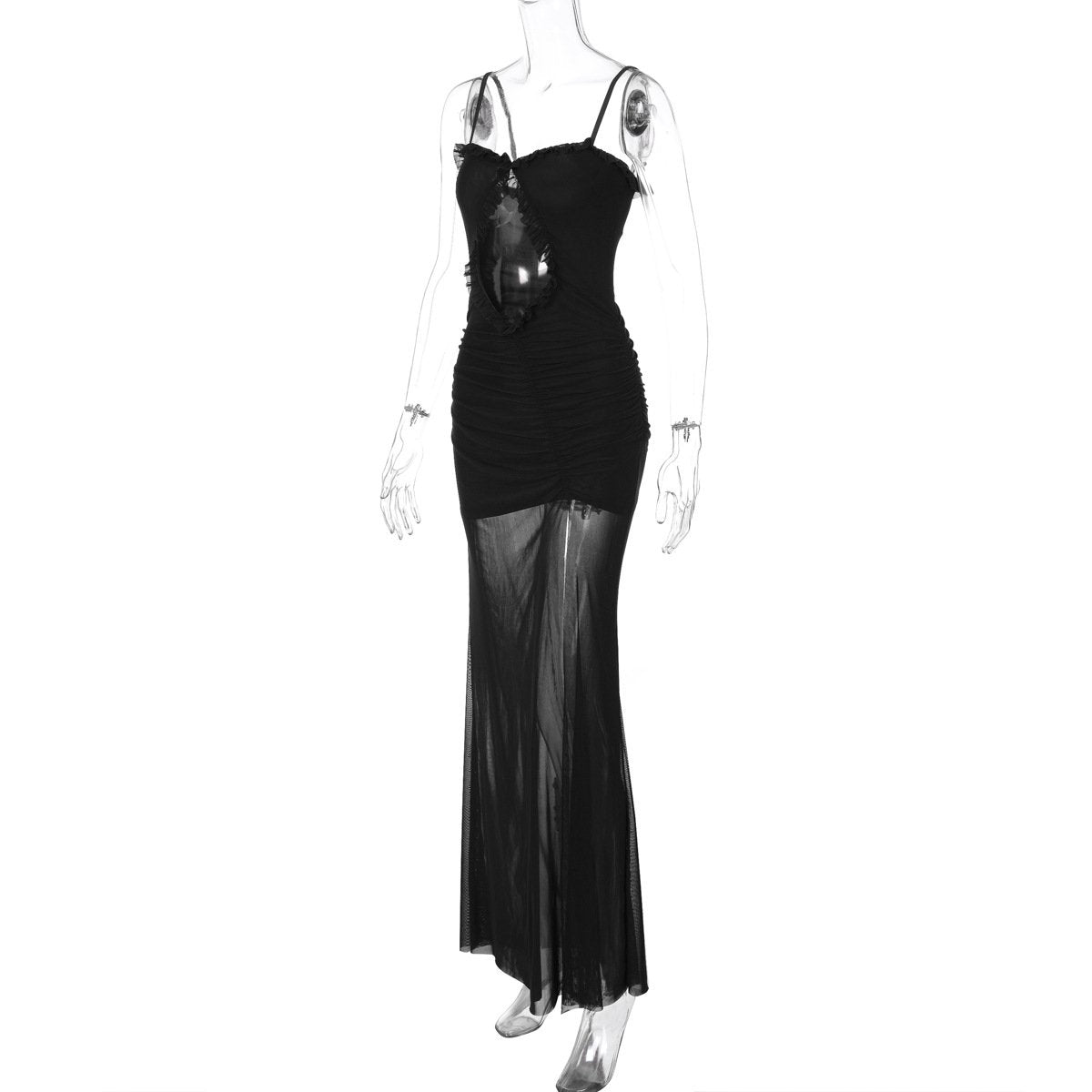 Hollow out mesh ruffle ruched cami maxi dress