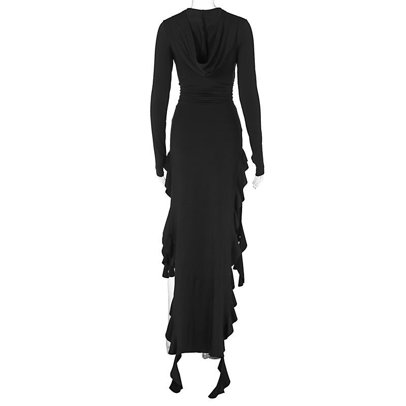 Long sleeve hoodie gloves ruffle maxi dress  | red tango dress