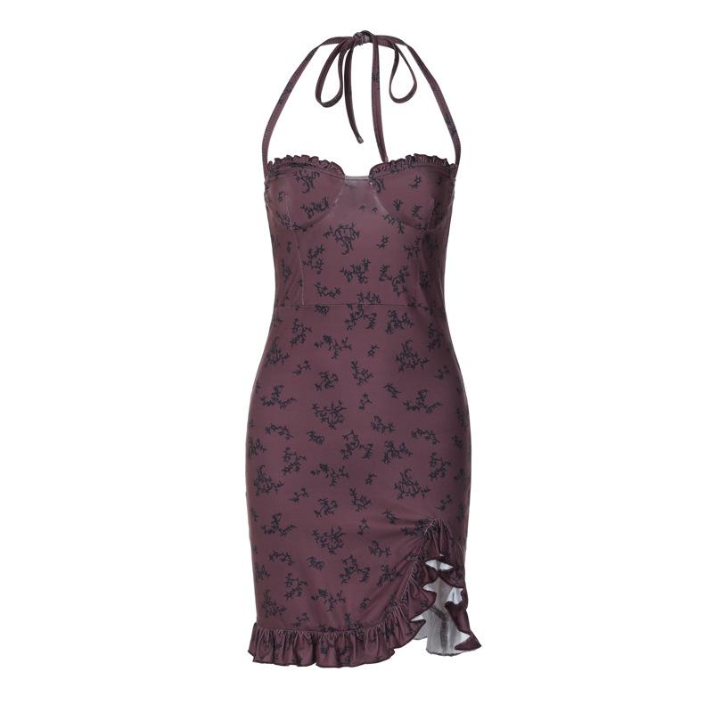 Halter print ruffle knotted backless mini dress