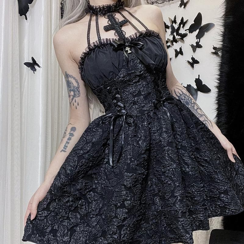 Textured cross applique ruffle halter zip-up lace up mini dress  | black rave dress