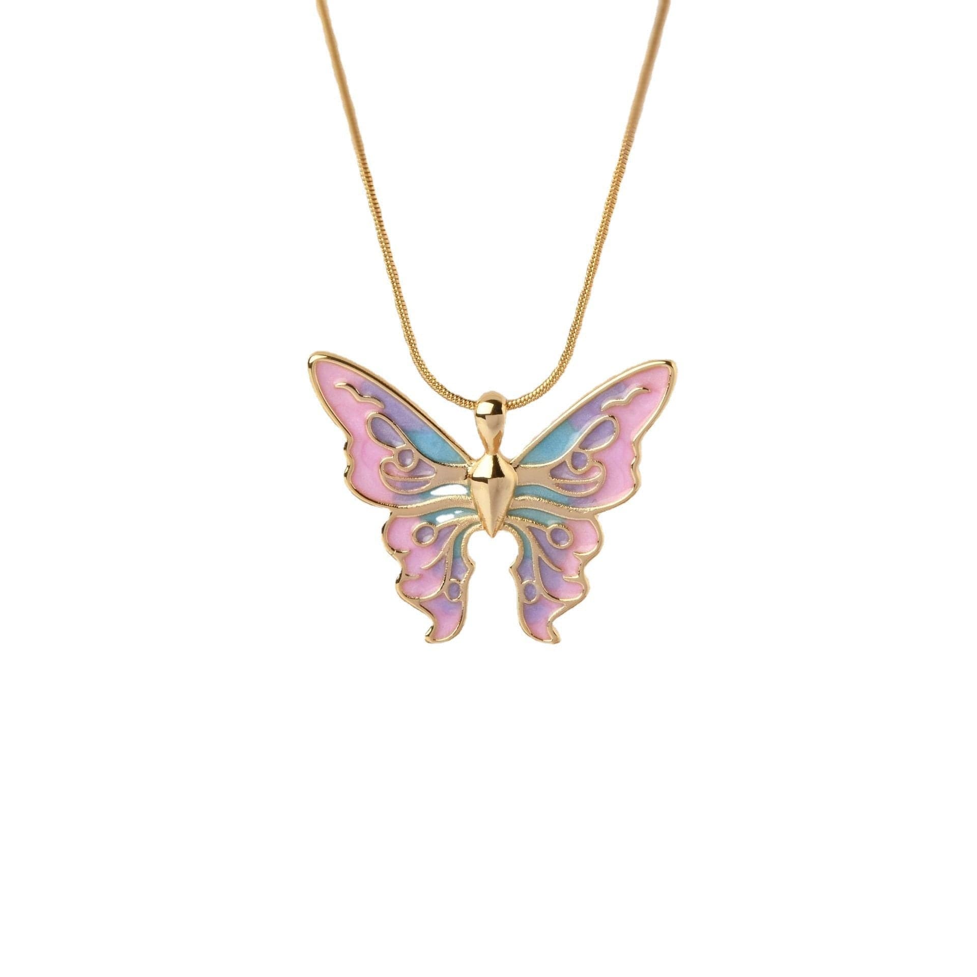 Butterfly pendant multicolor chain necklace