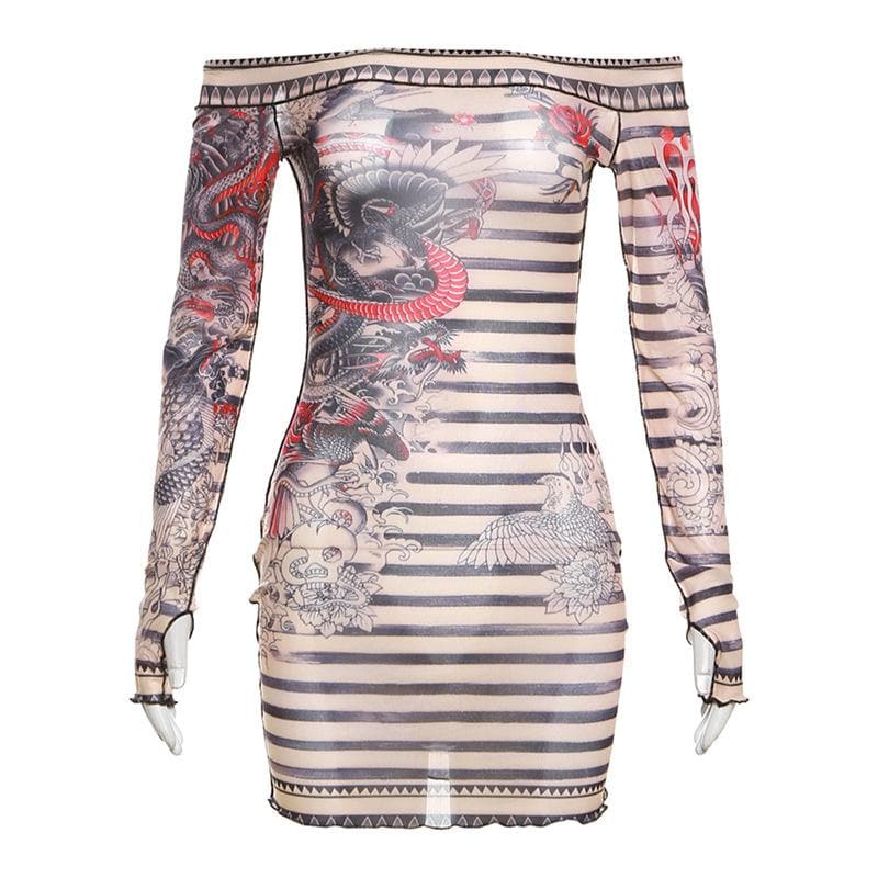 Stitch sheer mesh see through abstract off shoulder mini dress  | samba dress