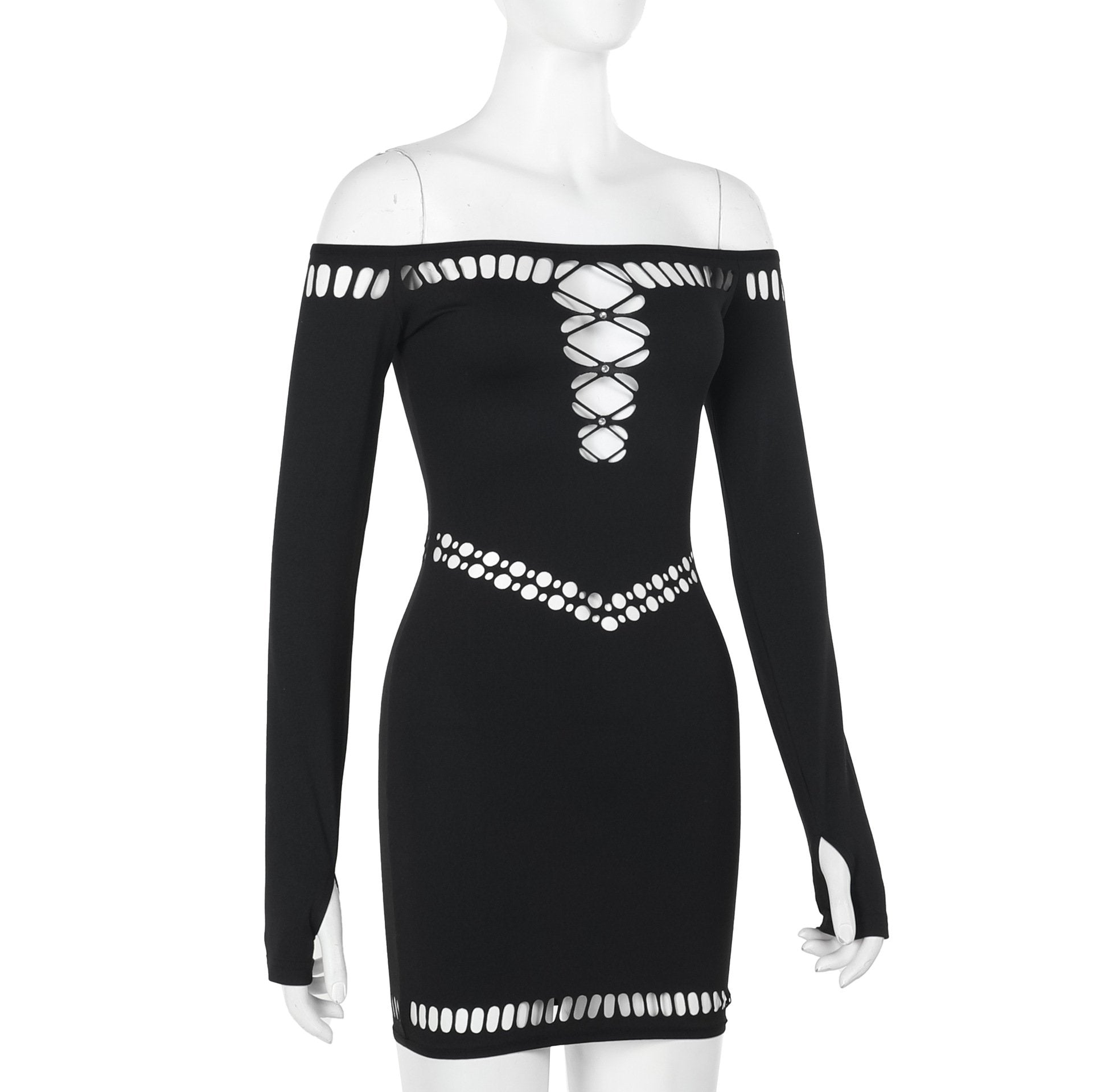 Off shoulder long sleeve hollow out beaded mini dress