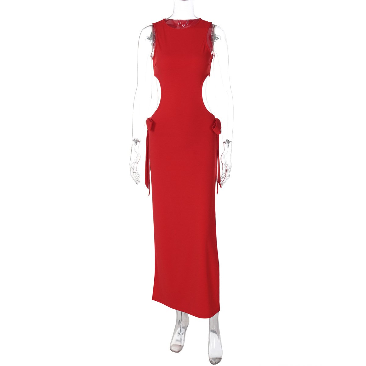 Crewneck sleeveless bowknot hollow out slit maxi dress