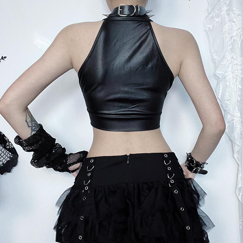 Sleeveless crewneck PU leather lace up zip-up crop top