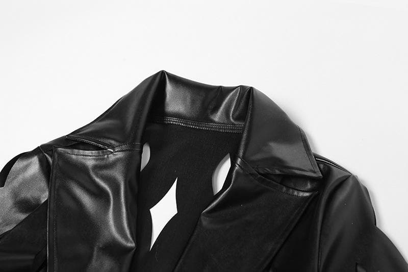 Turnover collar hollow out PU leather long sleeve coat cut out top