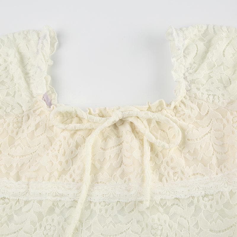 Cap sleeve square neck bowknot lace ruffle top