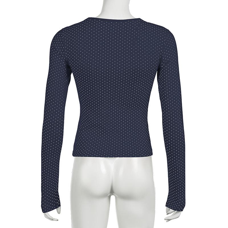 Polka dot long sleeve button lace hem patchwork top
