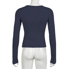 Polka dot long sleeve button lace hem patchwork top