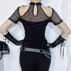 Short sleeve fishnet hollow out patchwork top