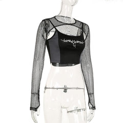 Long sleeve gloves fishnet print 2 piece crop top