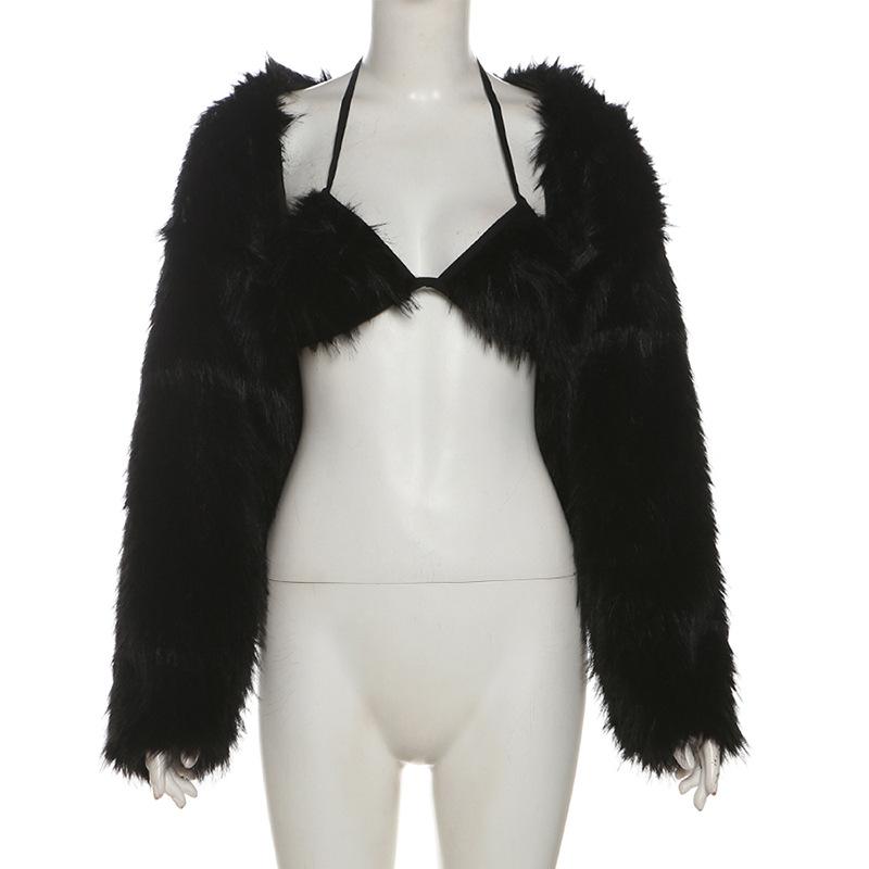 Long sleeve halter fluffy 2 piece coat top