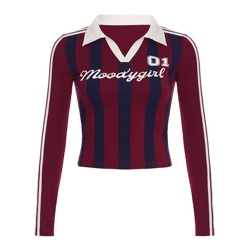 Turnover collar long sleeve striped letter print top