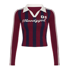 Turnover collar long sleeve striped letter print top