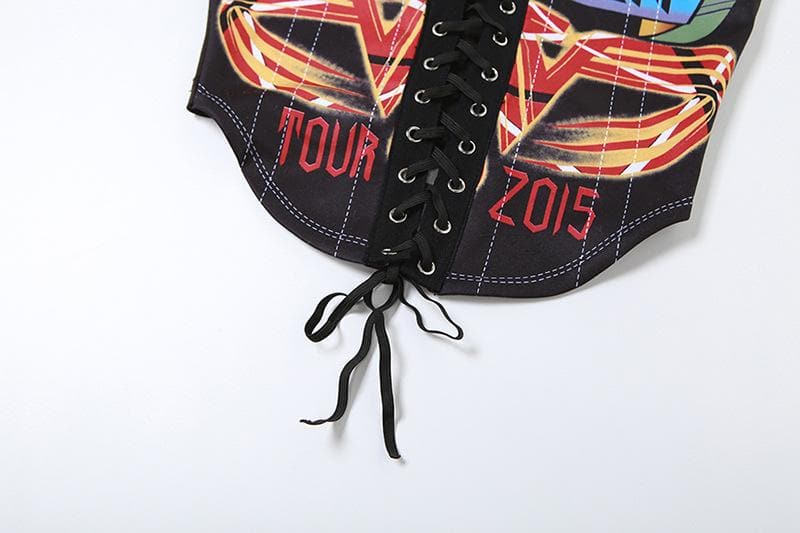 Lace up letter print backless stitch contrast tube top