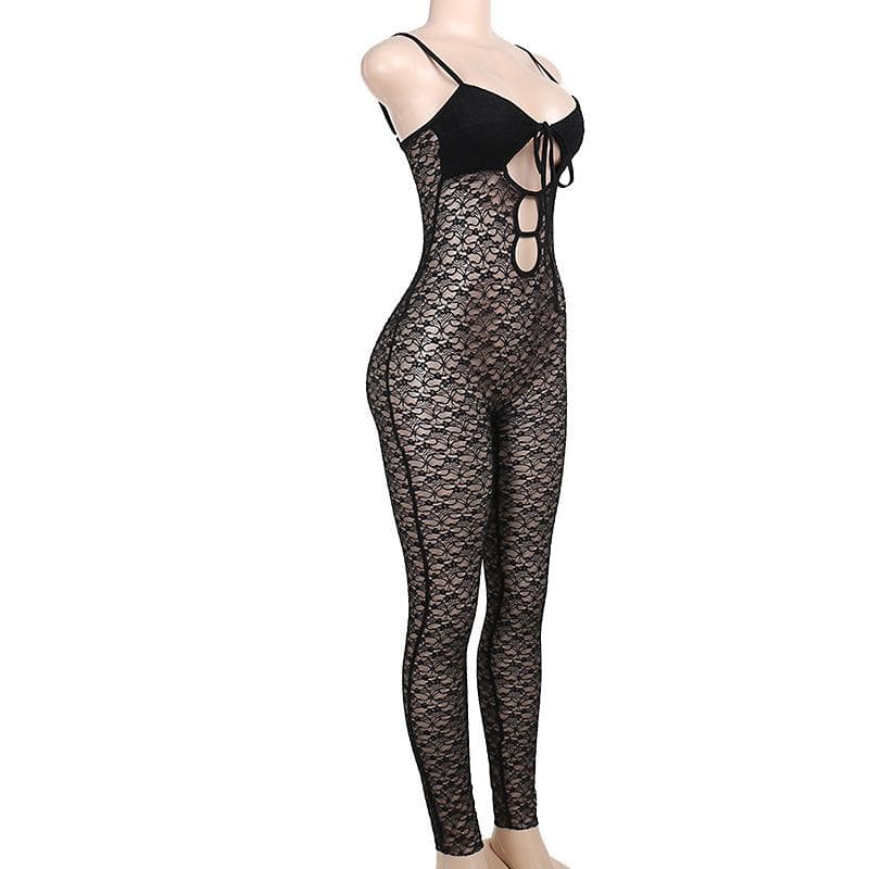 V neck hollow out solid lace cami jumpsuit