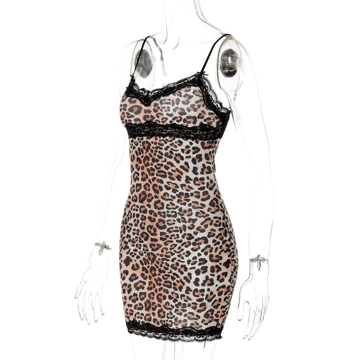 Leopard print v neck lace hem bowknot cami mini dress
