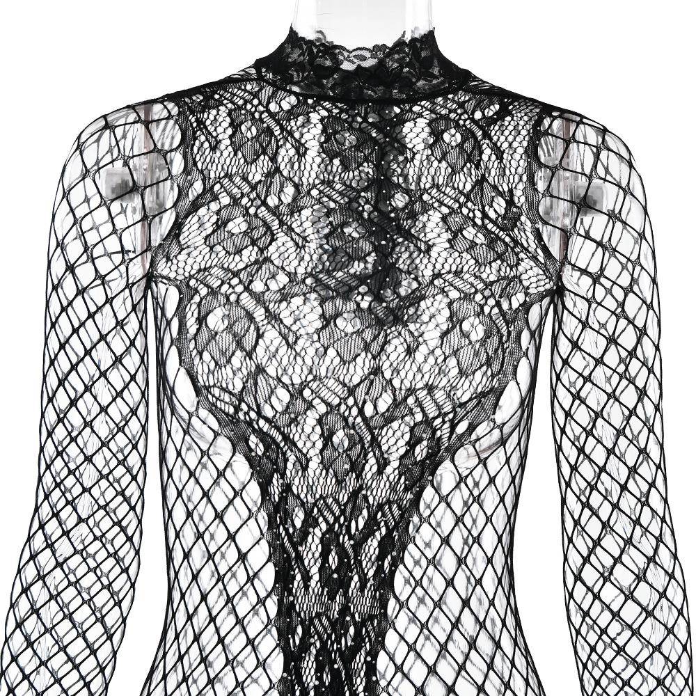 Crewneck long sleeve fishnet see through romper
