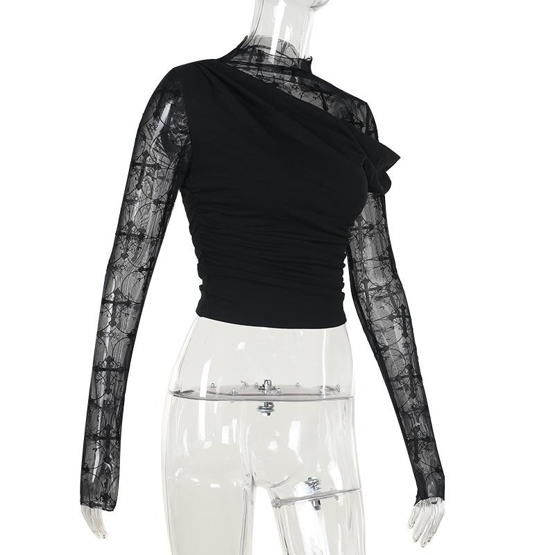 Long sleeve cross pattern mesh patchwork top