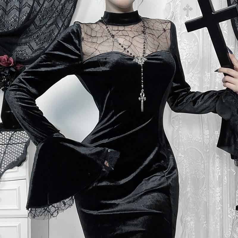 Long flared sleeve velvet patchwork spider web maxi dress