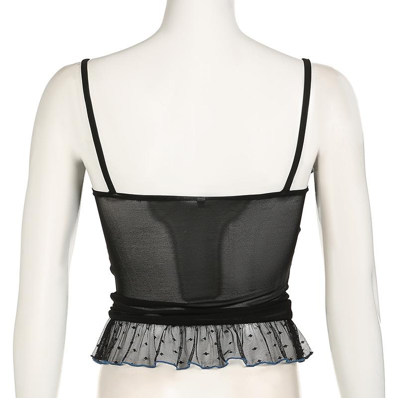 V neck polka dot bowknot mesh ruffle cami top