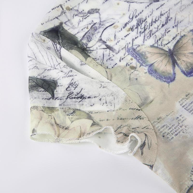Short sleeve crewneck butterfly print sheer mesh top