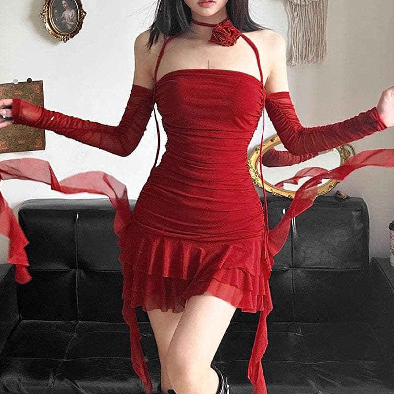 Long sleeve sheer mesh flower applique mini dress  | red tango dress  | samba dress