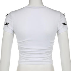 Short sleeve bowknot beaded ruched top