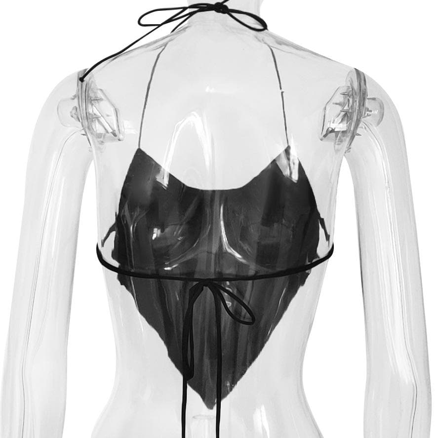 Halter spaghetti strap self tie backless solid stitch cowl neck crop top