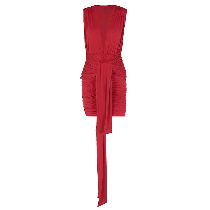 Deep V neck ruched solid mini dress  | red tango dress