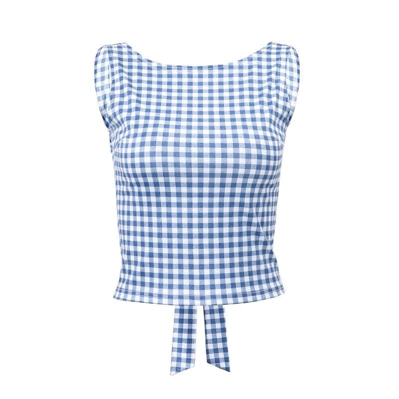 Sleeveless plaid contrast backless bowknot top