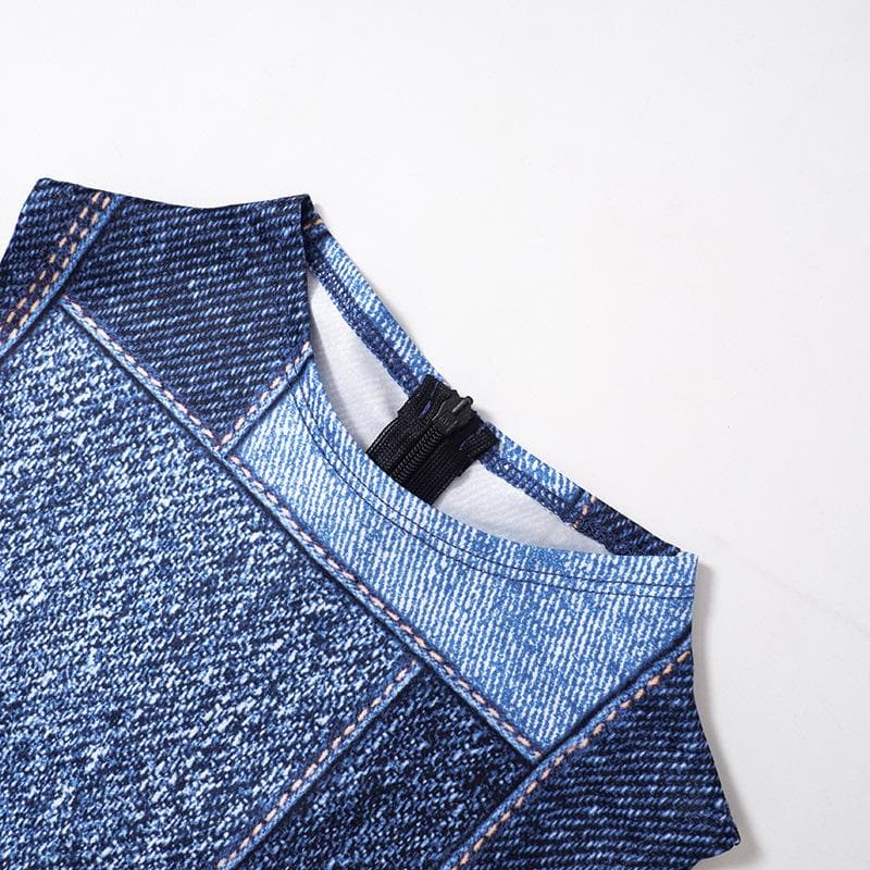 Contrast sleeveless denim print high neck romper