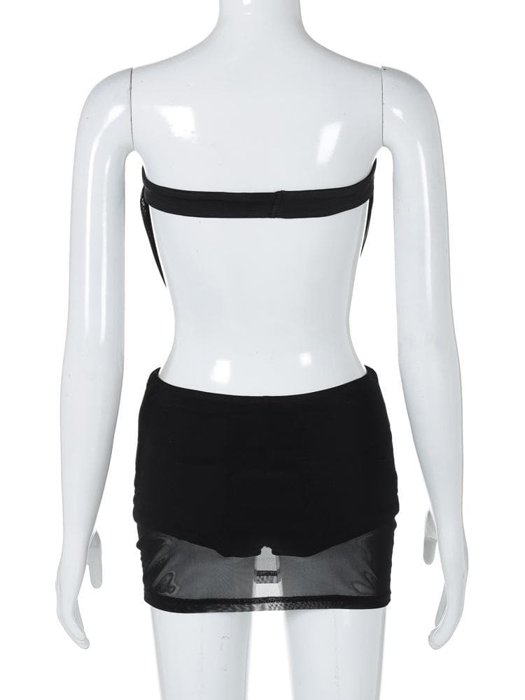 Ruched mesh see through buckle tube mini dress