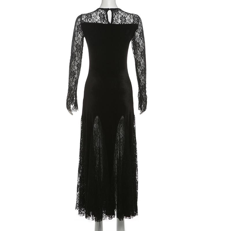 Long sleeve v neck lace velvet patchwork maxi dress