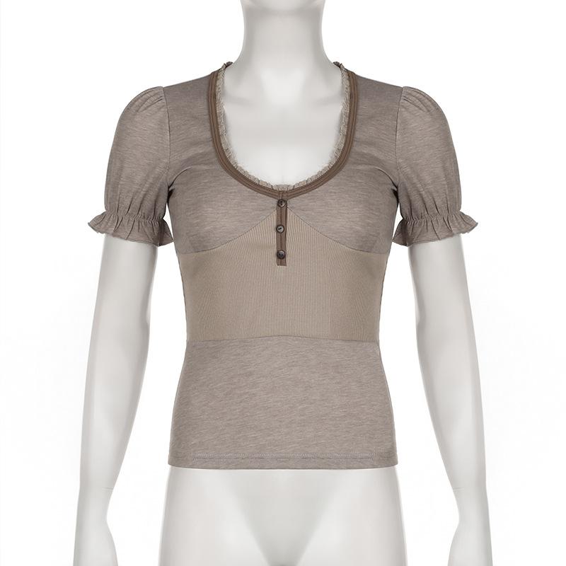 Short puff sleeve button stitch ruffle ribbed top