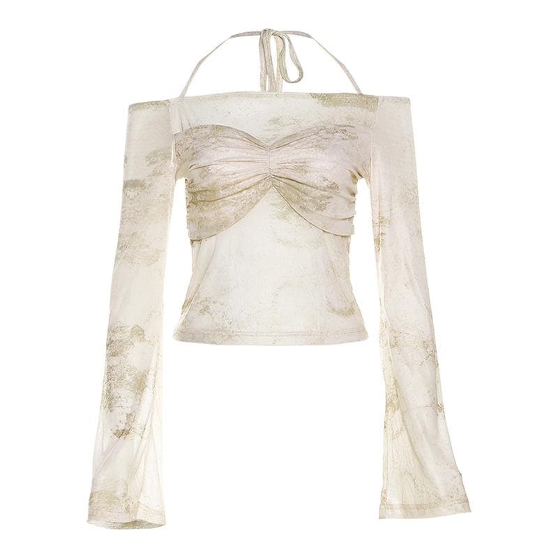 Tie dye off shoulder ruched halter contrast long sleeve top