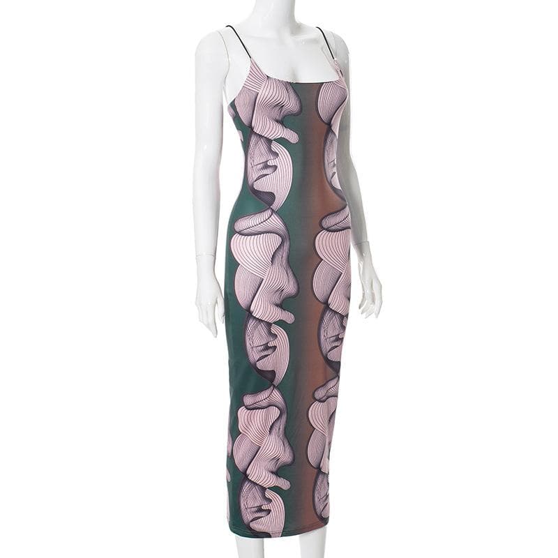 U neck abstract print contrast cami midi dress