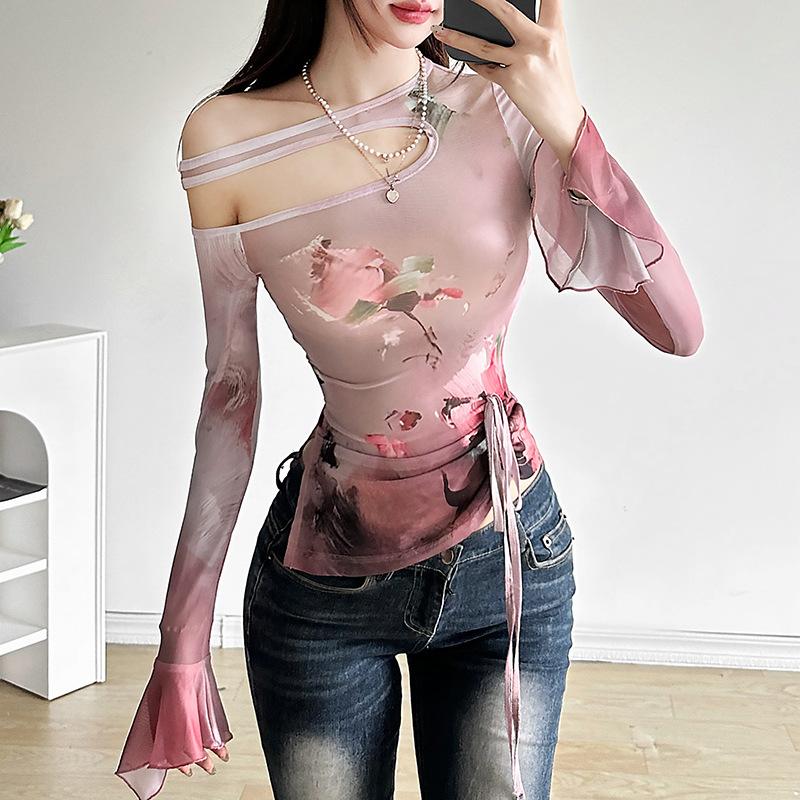 Long flared sleeve sheer mesh print top