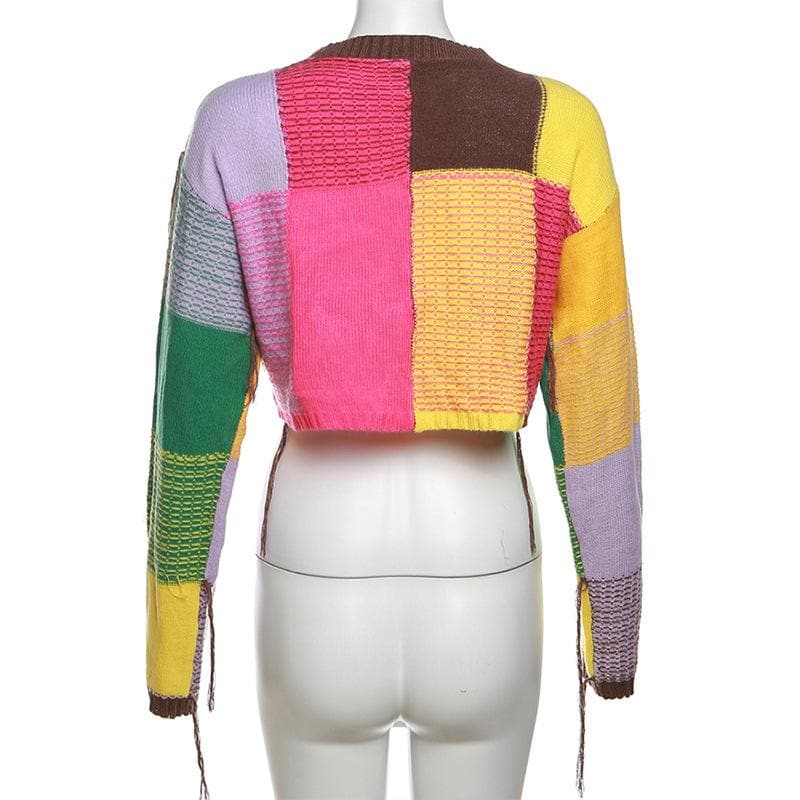 Plaid contrast long sleeve knitted crewneck top