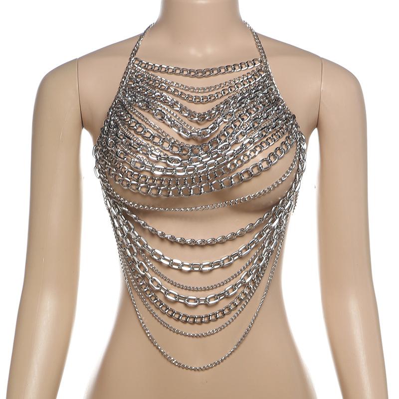 Halter layered metal chain hollow out backless top