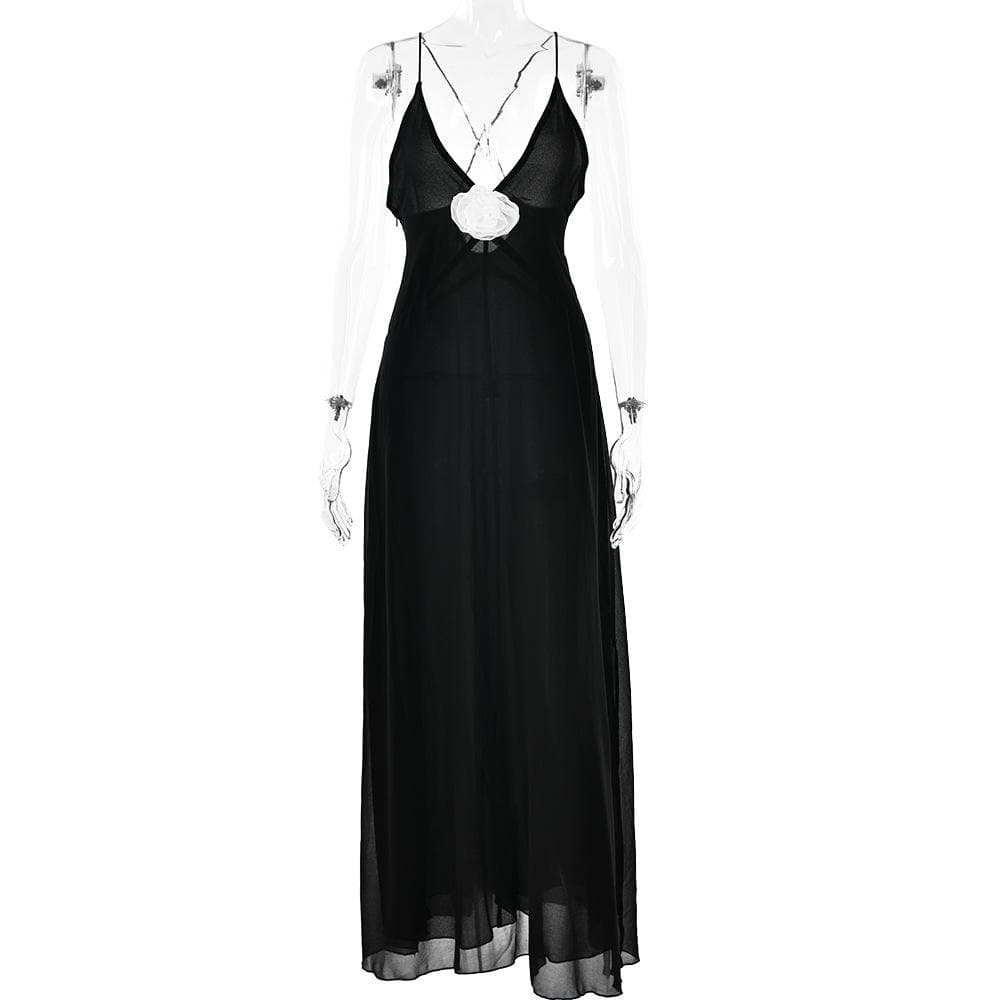 Flower applique v neck ruched zip-up cross back maxi dress  | black rave dress  | black rave dress