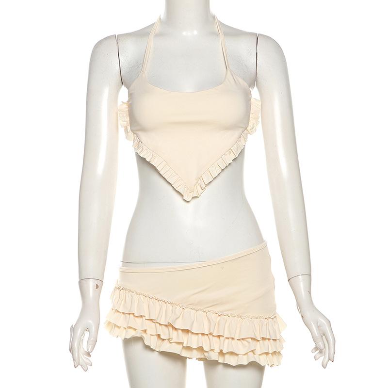 Ruffle halter self tie irregular u neck 3 piece mini skirt set