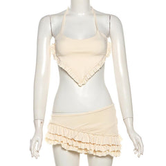 Ruffle halter self tie irregular u neck 3 piece mini skirt set