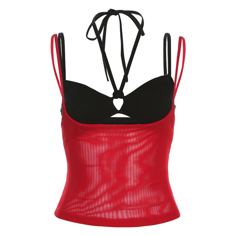 Halter hollow out mesh contrast 2 piece cami top