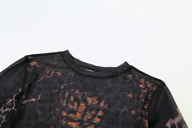 Crewneck long sleeve leopard print mesh mini dress