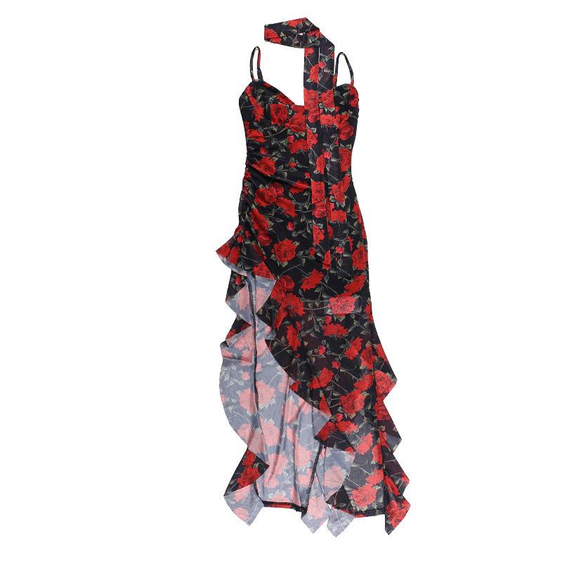 Sweetheart neck ruffle print irregular cami midi dress  | red tango dress