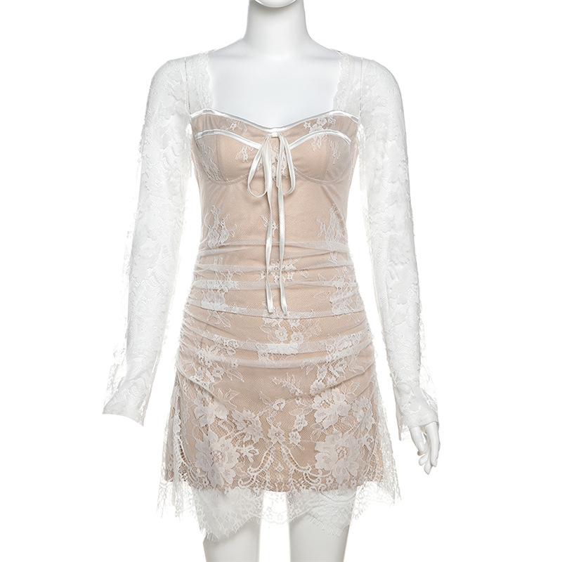 Long sleeve lace zip-up ruched mini dress