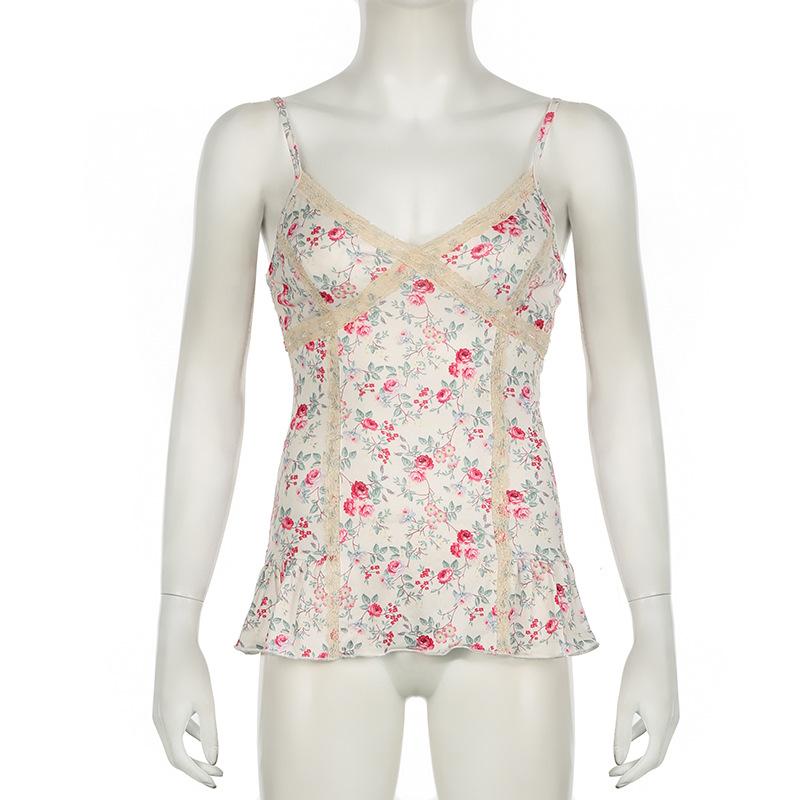 Print v neck lace hem ruffle knotted cami top