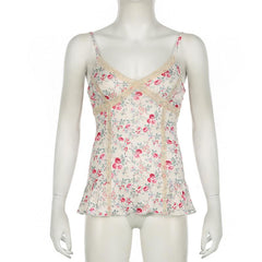 Print v neck lace hem ruffle knotted cami top